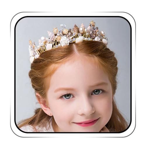 IYOU Diadema Princesa Flor Concha Tocado de Comunión de Oro Tiaras de Cristal Accesorios para el pelo para niñas y damas de honor