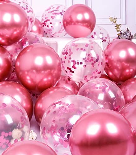 Image of SUWEN Pink Metallic and Confetti Balloons Set 47PCS Hot Pink Latex | Helium Chrome Balloon for Birthday Graduation Anniversary Wedding Party Decorations