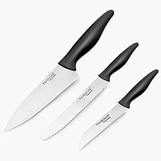 3 Pieces Kitchen Knife Set - Stainless Steel Blades Sharp Knives with Ergonomic Black Handles - by Nuovva