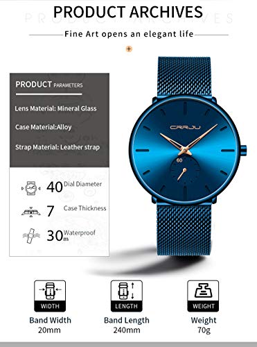 Mens Watches Ultra-Thin Minimalist Waterproof-Fashion Wrist Watch for Men Unisex Dress with Stainless Steel Mesh Band-Rose Gold Hands(Blue Band Blue Face)