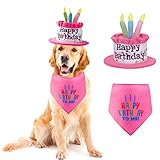 Picture of Ushang Pet Extral Large Dog Birthday Cake Hat & Bandana Scarfs Set Pink, Dog Happy Birthday Hat with Colorful Candles, Large Dogs Birthday Party Supplies Decorations