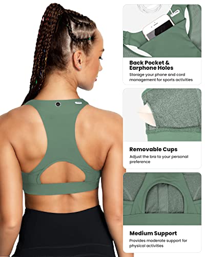 Image of QUEENIEKE BareFlow Women's Sports Bras with Phone Pocket Medium Impact Padded Racerback Workout Gym Crop Top Running Yoga Bra