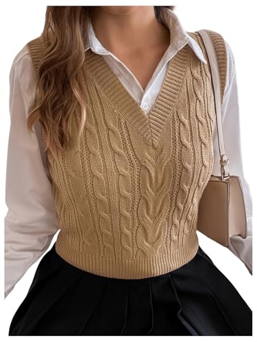 Milumia Women's Cable Knit V Neck Sweater Vest Sleeveless Ribbed Crop Tank Top Khaki X-Small