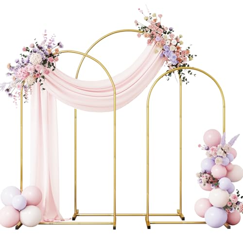Image of RUBFAC Metal Arch Backdrop Stand Set of 3 (6FT & 6.6FT & 7.2FT), Gold Wedding Arch Frame Balloon Arch Backdrop Stand for Birthday Party Baby Shower Anniversary Graduation Ceremony Decoration