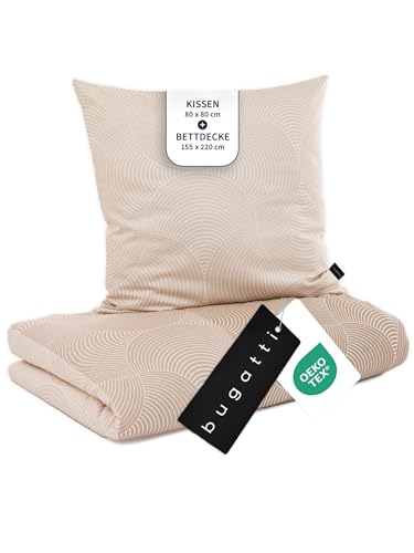 bugatti Bettwäsche 155x220 cm - 100% Baumwolle, Reißverschluss, anschmiegsam, weich & waschbar, Mako Satinbettwäsche Kreise grafisch beige