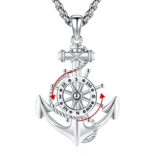 Eusense Collier d'ancre en Argent 925 Pendentif Boussole Pendentif Ancre Chaîne de Bijoux Cadeau pour Hommes Femmes