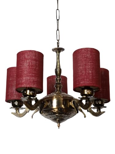 Image of Devansh 05 Lights Maroon Jute Round Shade with Antique Golden Chandelier