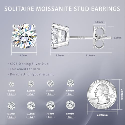 Lyniuoy Dainty Moissanite Stud Earrings For Women Jewelry Small Stud Earrings 18K White Gold Plated 925 Sterling Silver Hypoallergenic Flat Back Stud Earrings For Sensitive Ear 4mm 0.3ct X2 — view 4