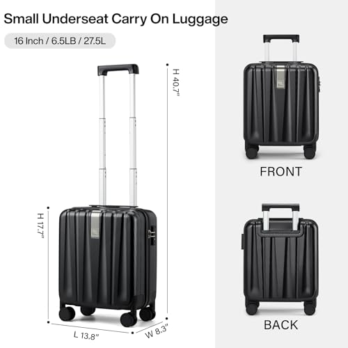 Image of Hanke 16 Inch Underseat Carry on Suitcases with Wheels,Lightweight Hard Shell Carry on Luggage for Weekender,Travel Approved Small Suitcase,Travel Luggage for Womem Men,Jet Black.