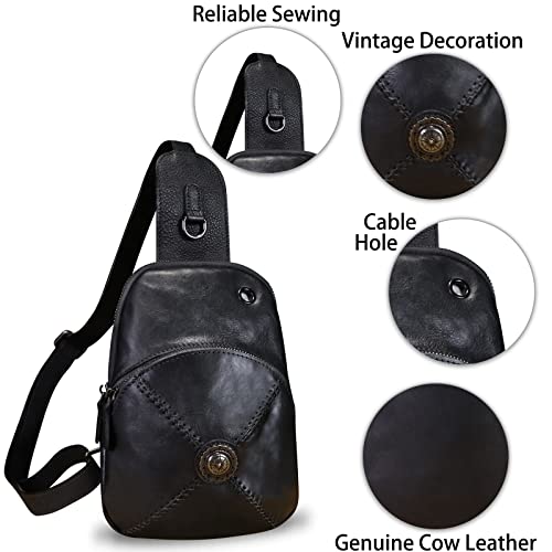 Image of Genuine Leather Small Sling Bag for Women Crossbody Purse Handmade Hiking Daypack Retro Shoulder Backpack Vintage Chest Bags