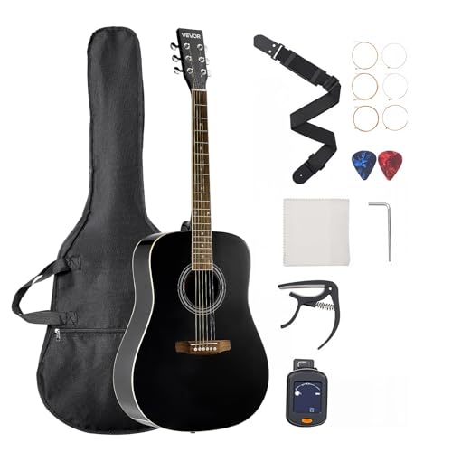 VEVOR Dreadnought Acoustic Guitar, 41 in, 6-String Black Solid Spruce Top Guitar, Beginner Bundle...