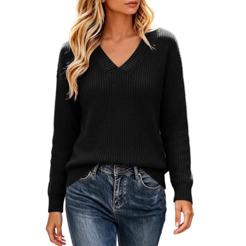 Womens Sweaters V Neck Waffle Knit Pullover Relaxed Fit Fall Winter Tops - image 1