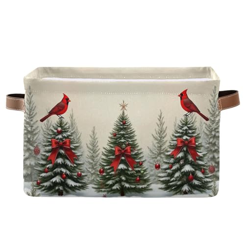 Image of Christmas Tree Cardinals Birds Storage Basket with Waterproof Liner and PU Handles Winter Xmas Tree Bow Storage Bins Boxes 14.2 inch Collapsible Decorative Organizer Baskets for Bedroom Office 1 Pack