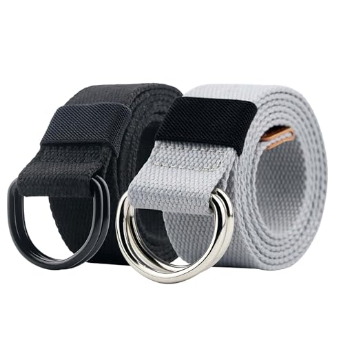 Canvas Belt 2pc Set - Black Double Ring Buckle Web Belts for Men & Women - Fits Up to 35