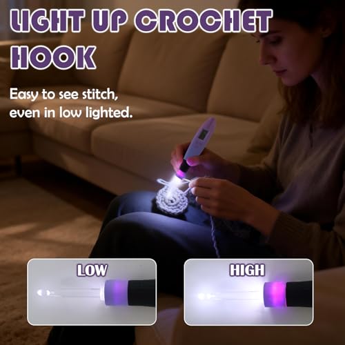 Image of Lewhoo Lighted Crochet Hooks Set, 11 Size Light up Rechargeable Crochet Needle for Fluffy Yarn with Counter 2.5-8.0mm, Ergonomic Handle with Screw Gradiant Purple Glow in Dark