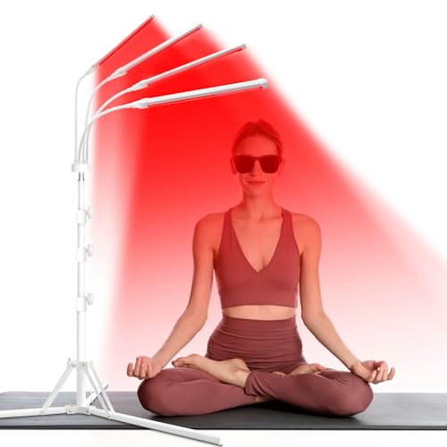 Hottoerak Red Light Therapy, 180 LEDs Lampara Infrarrojos con Soporte, 850nm y 660nm Lampara Infrarrojos Fisioterapia con Cuello de Cisne y Temporizador, 4 Cabezales de Luz Para el Hogar/Oficina