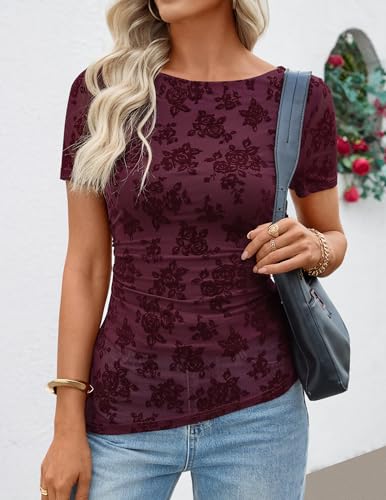 ZESICA Women's Summer Mesh Floral Short Sleeve Fitted Tops Wine S — view 3