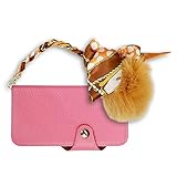 SH-04H/SHV34/506SH/STAR WARS mobile AQUOS ZETA/AQUOS SERIE/AQUOS Xx3 対応 手帳型 スマホケース (ピンク) 本革レザー リボン スカーフ チェーン ストラップ 付き ファー ポンポン/ベージュ レザーケース カバー ストラップホール ストラップ穴 シンプル おしゃれ かわいい