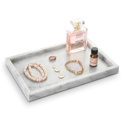 HAMAKAWA Kosmetiktablett aus natürlichem Marmor, Großes Badezimmer-Ablagetablett L30cmxB20cm, Schmucktablett in Carrara-Weiß, Rechteckig Parfümtablett, Home-Organizer-Aufbewahrung