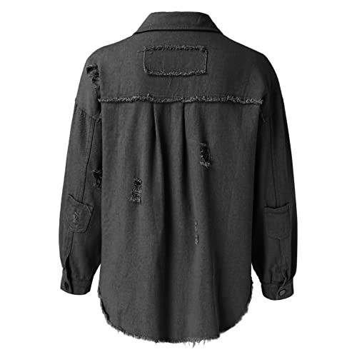 Jean Jacket Women 2024 Trendy Classic Lapel Button Down Up Frayed Hem Shacket Long Sleeve Distresse Trucker Coats3