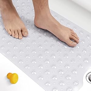 HITSLAM Non Slip Bath Mat for Tub, 100 x 40cm Extra Long Shower Mat Anti Mould, Machine Washable Bathroom Bathtub Mat with Suction Cups and Drain Holes, Soft on Feet, Clear
