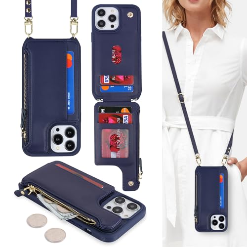Étui portefeuille iPhone 15 Pro Max en cuir bleu haut de gamme avec fermeture éclair