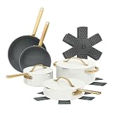 Pans 12pc Ceramic Non-Stick Cookware Set by Drew Barrymore, Pots & Pans with Lids, Dishwasher‑Safe,Soft‑Touch Handles, Even‑Heat Base. (White Icing)