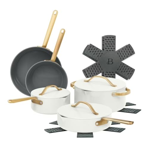 Pans 12pc Ceramic Non-Stick Cookware Set by Drew Barrymore Pots & Pans with Lids DishwasherSafe SoftTouch Handles EvenHeat Base. (White Icing)