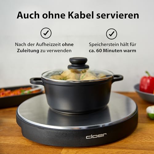 Cloer 6718 Warmhalteplatte mit Speicherstein, warmhalten von Speisen, 5 min Aufheizzeit, Temperatur bis 130 °C, kabellose Verwendung, hält bis zu 60 min warm, 1000 W, Edelstahlplatte 35 cm Ø, schwarz