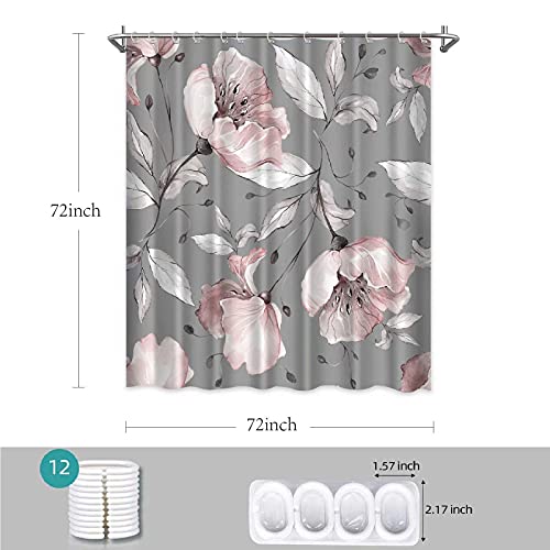 Elegant Pink Floral Shower Curtain Greyish Leaves Flower Grey Fabric Bath Curtain Bathroom Decor #TOP6