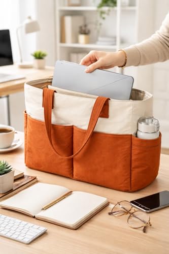 Image of Bayne Large Tote Bag for Woman | Large Size Laptop Bags for Women Office Use | Waterproof Handbag for Women | Elegant Office Bag for Woman | 15.6 inch Laptop (Cream & Brown, 15.6 Inch laptop)