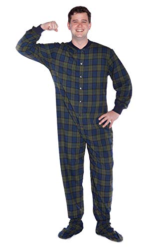 Navy Blue & Green Plaid Cotton Flannel Adult Footed Pajamas Onesie Sleeper for Men & Women