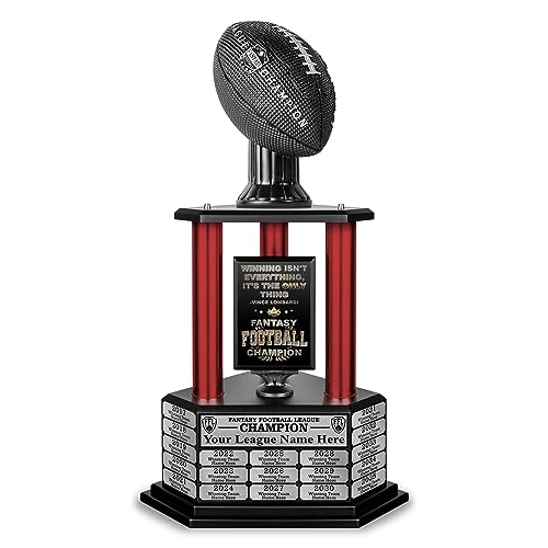 TrophySmack Fantasy Football Trophy - 19-Year Perpetual 26 Customizable Championship Award with Free Engravings (Black Football | Red Metal Columns)