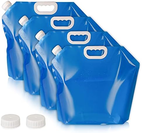 Hakkin Collapsible Water Tank Container 4 Pack 1.3 Gallon/5L, No-Leak Freezable Portable BPA Free Food Grade Plastic Storage Jug for Camping, Hiking, Travel, Emergency Survival Kit Bonus 2 Pcs Caps