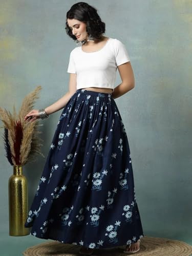 Image of Women's Floral Print Maxi Skirt, Maroon Red, 100% Pure Cotton, Elastic Waist, Full Length, Breathable Fabric