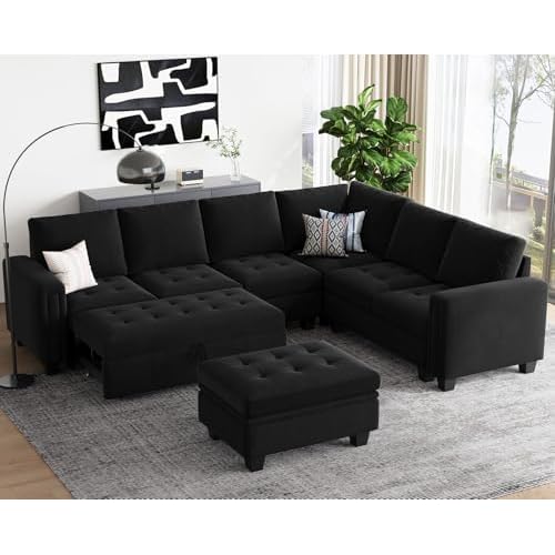 Belffin Modular Sectional Sofa with Pull Out Couch Bed Convertible Velvet Corner L Shaped Sectional Sleeper Sofa Couch with Storage Ottoman Chaise for