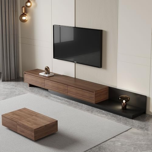 TV Cabinet with 3 Drawers – Extendable TV Unit Adjustable from 200cm to 330cm, Grey TV Stand for Living Room (walnut)