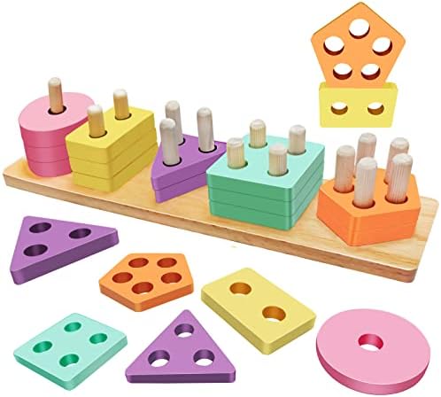 Wooden Shape Sorting Stacking Toys: Montessori Puzzle Color Sorter for 1 2 3 Year old Baby 1-3 Toddlers 18 Months Educational Learning Wood Blocks Stacker Geometric Stack Sort Age 4 5 Boy Girl Kid Peg