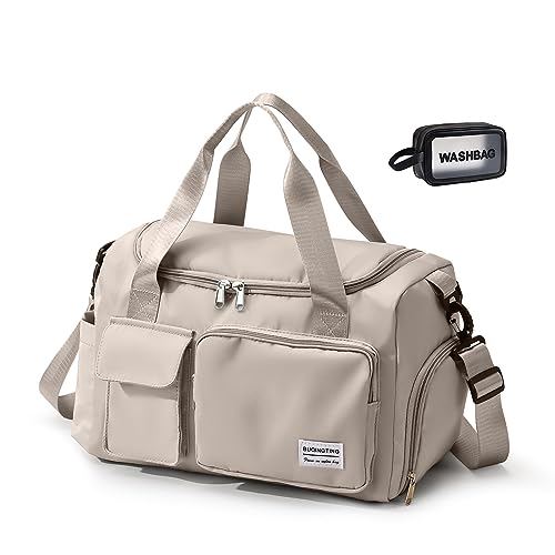 Beige Small Gym Bag for Women, Waterproof Travel Duffle Bag