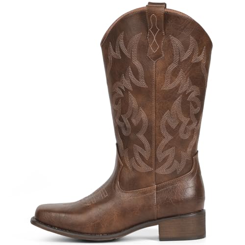 Image of IUV Cowboy Boots For Women Square Toe Wide Mid Calf Western Pull On Suede Fashion Black Brown Cowgirl Boots