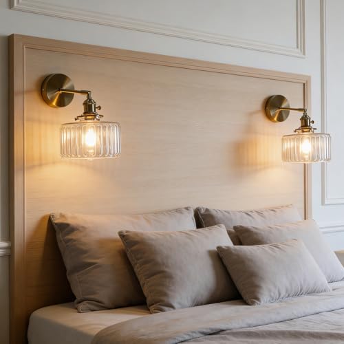 Image of Vintage Wall Sconces with Switch Ribbed Glass Shade Modern Brass Wall Light Fixtures 180Adjustable Bedside Wall Mounted Lamp for Bedroom Bathroom Living Room Farmhouse Vanity (Transparent)