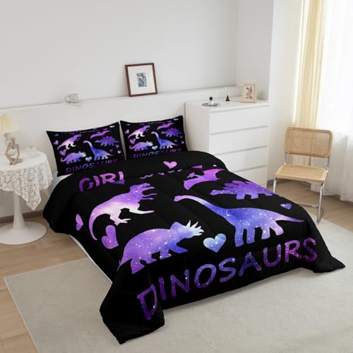 Girls Dinosaur Comforter Set Kids Galaxy Dino Bedding Set for Children Women Bedroom Cartoon Universe Jungle Animal Decor Comforter Outer Space Starry Sky Dinosaurs Duvet Set Full with 2 Pillow Case by Feelyou - Image 2