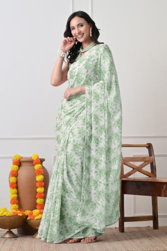 Image of MIRCHI FASHION Saree for Woman Georgette Floral and Leaf Printed | Elegant Farewell and Ceremonial Women's Sari with Blouse Piece