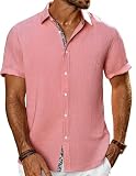 PJ PAUL JONES Men's Button Down Short Sleeve Shirt Casual Summer Beach Textured Wedding Shirts Pink