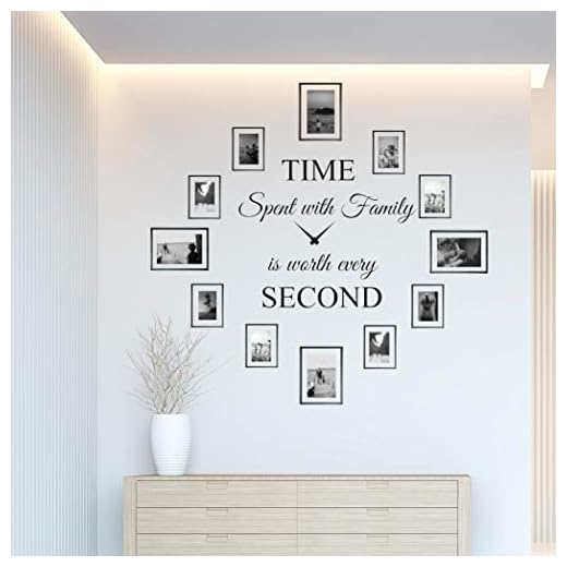 World of Wall Decal Time Spent with Family is Worth Every Second Wall Decal Decor Clock Family Quote Saying Vinyl Wall Art DIY The Photo Frames are not Included (22Wx22L) Matte Black