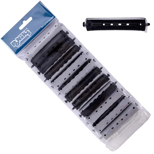 PONIKS PROFESSIONAL - Dauerwellen Wickler Lockenwickler für Dauerwelle Set Haarwickler 12 Stück Lockenwickler Dauerwelle 16 mm Klein Kaltwellwickler mit Rundgummilaschen - Schwarz Grau