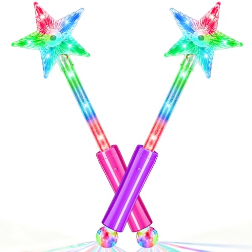 PartyFrenzy 2 Pack LED Light Up Princess Fairy Wand Pink & Purple Glowing Star Magic Wands for Girls Dress Up Costume Toy Birthday Party Favors Halloween