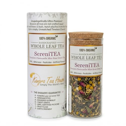 Image of Kangra Tea House Organically Grown Chamomile Mint Rose Green Tea for Stress Relief & Good Sleep (20g= 20 - 30 cups) - Richest Source of Antioxidants- SereniTEA 20g