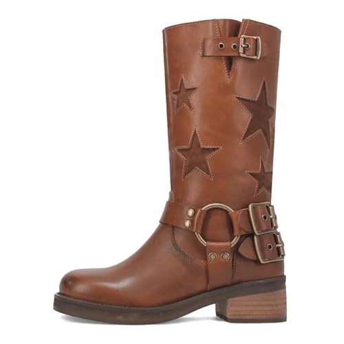 KISTANIA Women's Knee High Riding Boots Square Toe Chunky Heel Fashion Buckle Belts Cowboy Cowgirl Moto Boots with Stars - 9 - Brown