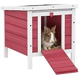 PawHut Clapier à Lapin Cage à Lapin avec rampes/Porte, Toit ouvrant et étanche   en Bois de Sapin dim. 51L x 42l x 43H cm Rouge et Blanc